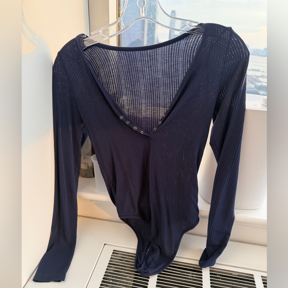 aerie Navy Ribbed Long-Sleeve V-Neck Bodysuit with Snap Front